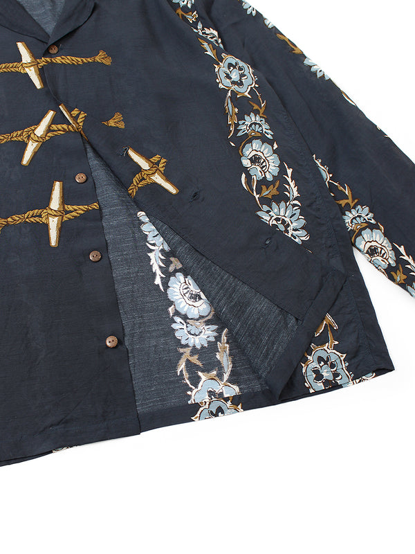Kapital Silk Rayon Toggle Maile Print Long-Sleeve Open-Collar Shirt