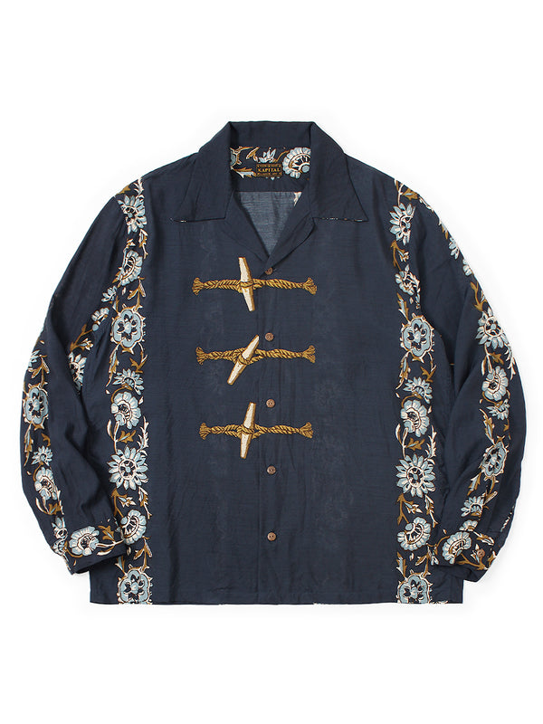 Kapital Silk Rayon Toggle Maile Print Long-Sleeve Open-Collar Shirt