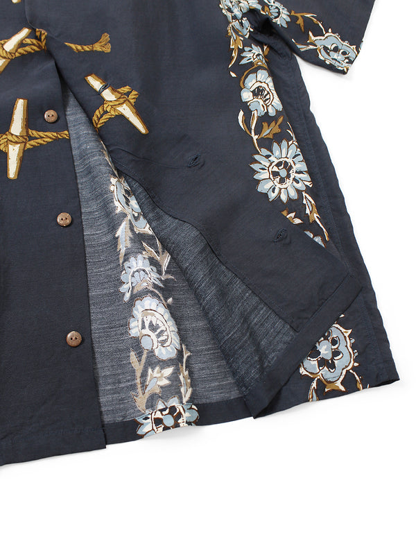Kapital Silk Rayon Toggle Maile Print Short-Sleeve Open-Collar Shirt