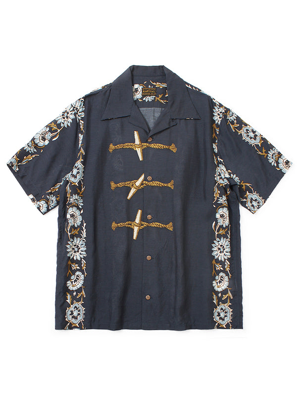 Kapital Silk Rayon Toggle Maile Print Short-Sleeve Open-Collar Shirt