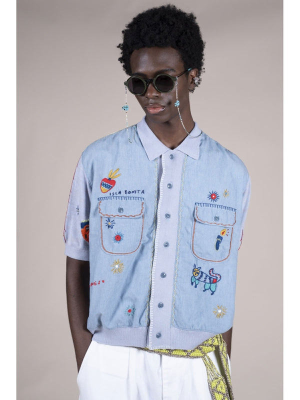 Kapital Knit x Chambray Polo Shirt (Ice Labonita Embroidery)