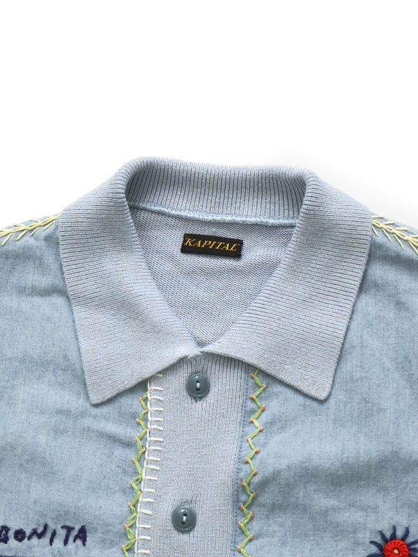Kapital Knit x Chambray Polo Shirt (Ice Labonita Embroidery)