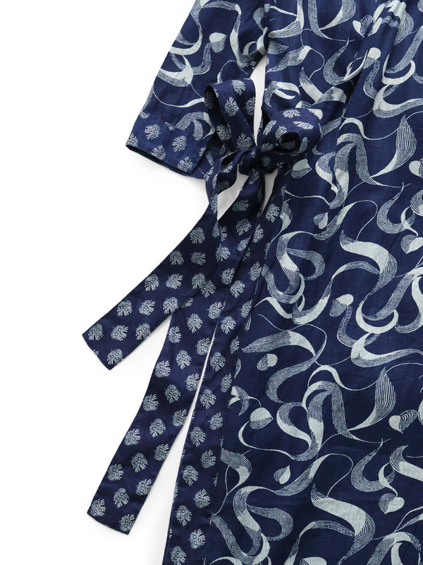 Kapital French Cross Linen Discharge Print Okra Pattern Lychee Dress