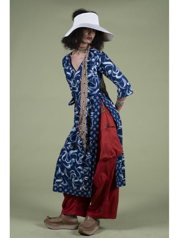 Kapital French Cross Linen Discharge Print Okra Pattern Lychee Dress