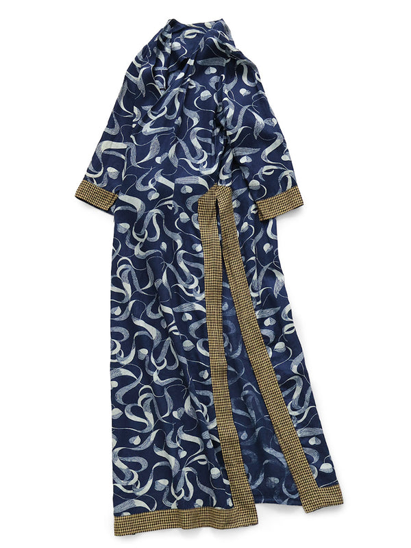 Kapital French Cross Linen Discharge Print Okra Pattern Lychee Dress