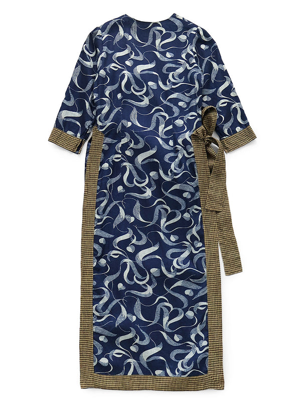 Kapital French Cross Linen Discharge Print Okra Pattern Lychee Dress