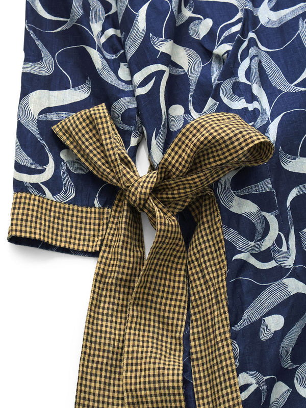 Kapital French Cross Linen Discharge Print Okra Pattern Lychee Dress