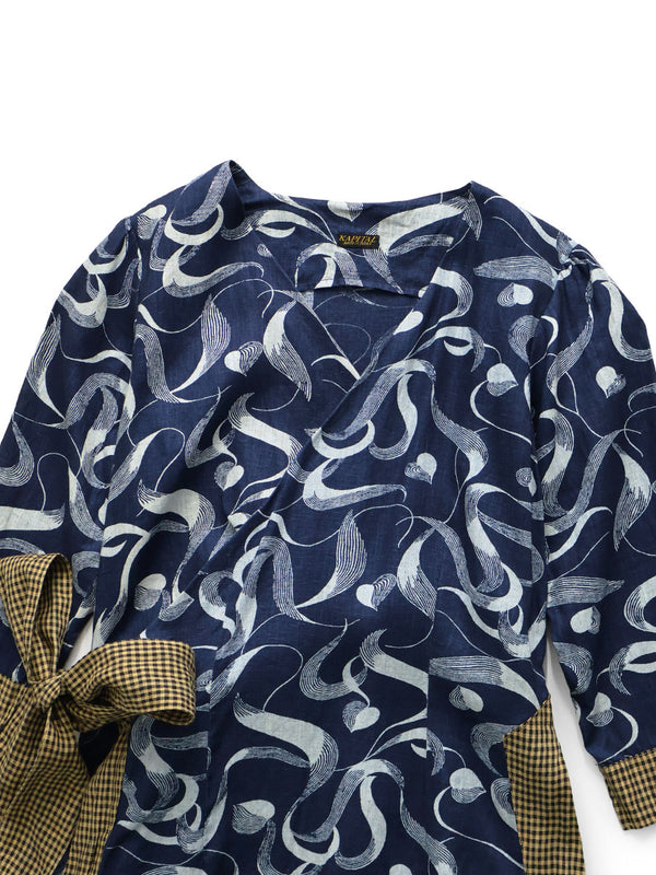 Kapital French Cross Linen Discharge Print Okra Pattern Lychee Dress