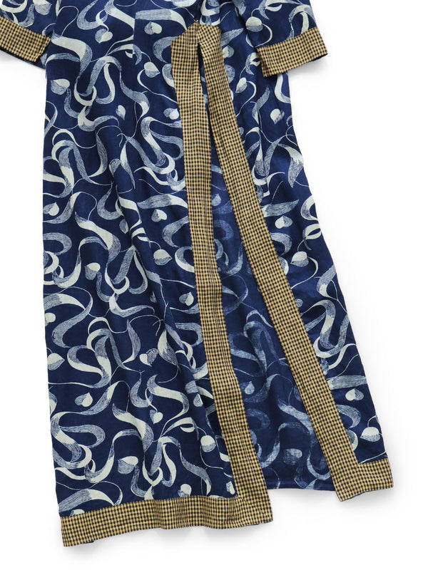 Kapital French Cross Linen Discharge Print Okra Pattern Lychee Dress