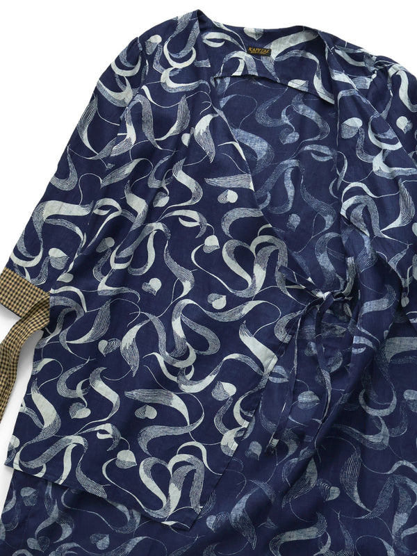 Kapital French Cross Linen Discharge Print Okra Pattern Lychee Dress