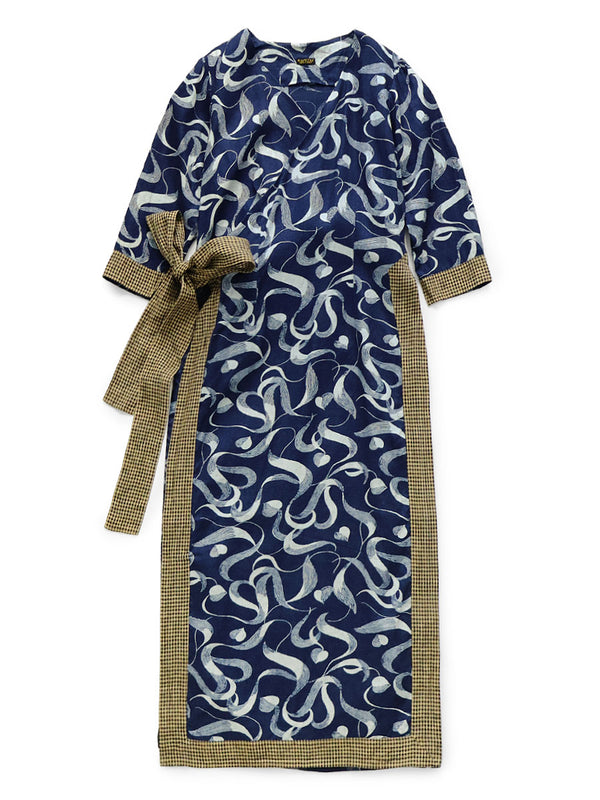 Kapital French Cross Linen Discharge Print Okra Pattern Lychee Dress