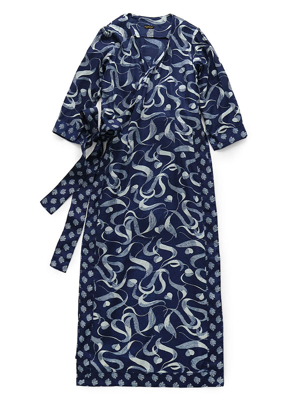 Kapital French Cross Linen Discharge Print Okra Pattern Lychee Dress