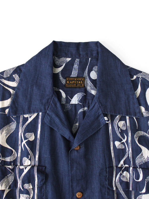Kapital French Cross Linen Discharge Print Okra Pattern Short-Sleeve Open-Collar Shirt