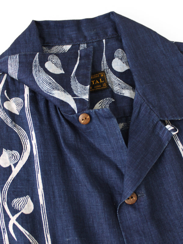 Kapital French Cross Linen Discharge Print Okra Pattern Short-Sleeve Open-Collar Shirt