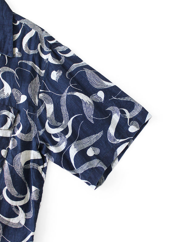 Kapital French Cross Linen Discharge Print Okra Pattern Short-Sleeve Open-Collar Shirt