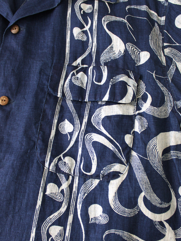 Kapital French Cross Linen Discharge Print Okra Pattern Short-Sleeve Open-Collar Shirt