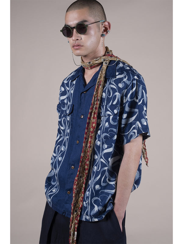 Kapital French Cross Linen Discharge Print Okra Pattern Short-Sleeve Open-Collar Shirt
