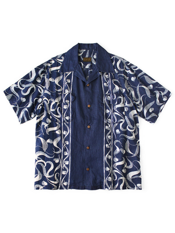 Kapital French Cross Linen Discharge Print Okra Pattern Short-Sleeve Open-Collar Shirt