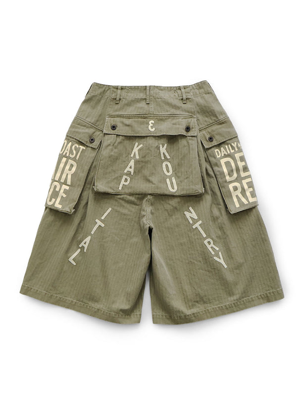 Kapital Herringbone Jumbo Monkey Short Pants (Factory Repair Print; Embroidery)