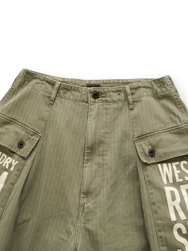 Kapital Herringbone Jumbo Monkey Short Pants (Factory Repair Print; Embroidery)