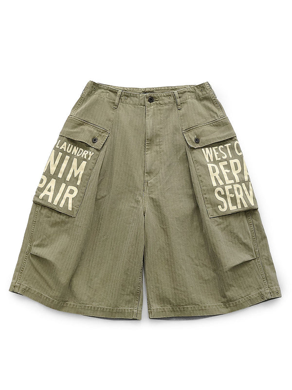 Kapital Herringbone Jumbo Monkey Short Pants (Factory Repair Print; Embroidery)