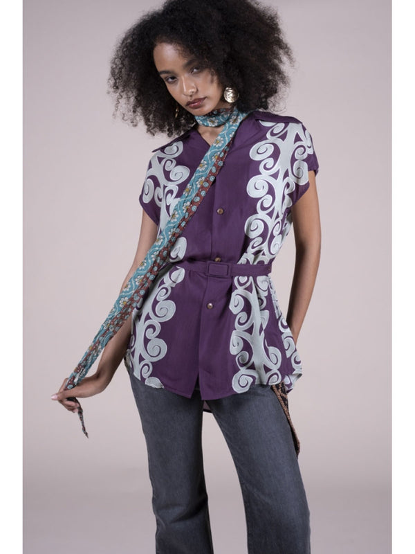 Kapital Silk Rayon Kona Tree Pattern French Sleeve Open Collar Shirt women