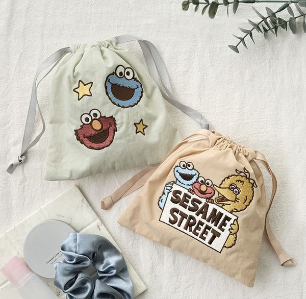 Sesame Street Embroidered Drawstring Pouch Gray