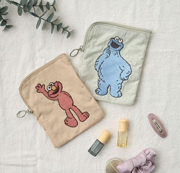 Sesame Street Embroidered Mini Flat Pouch Gray