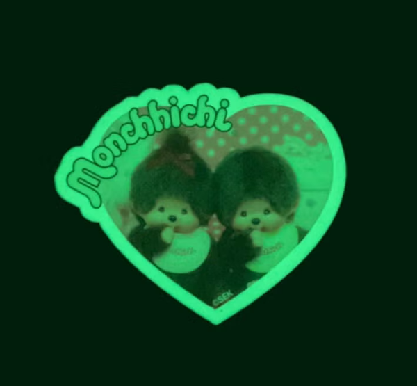 Monchhichi Glow in the Dark Sticker – Retro Photo Heart Design