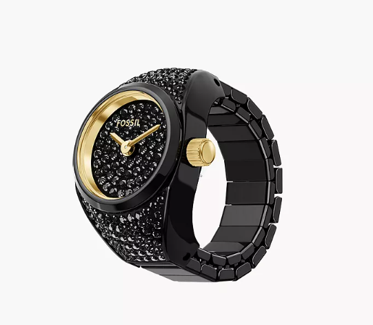 Black Pave Stainless Steel Watch Ring Quartz Two Hand Ring Watch