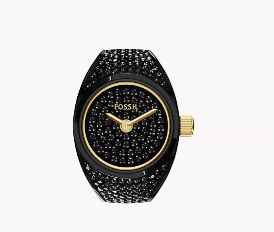 Black Pave Stainless Steel Watch Ring Quartz Two Hand Ring Watch