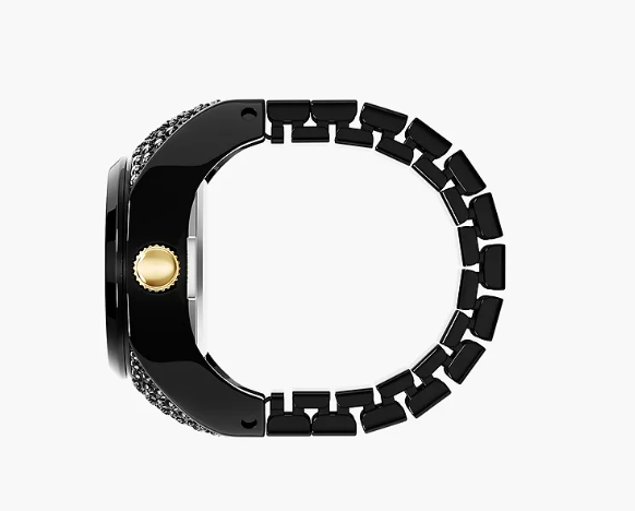 Black Pave Stainless Steel Watch Ring Quartz Two Hand Ring Watch