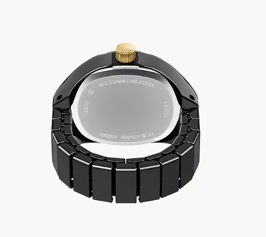 Black Pave Stainless Steel Watch Ring Quartz Two Hand Ring Watch