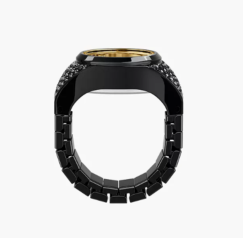 Black Pave Stainless Steel Watch Ring Quartz Two Hand Ring Watch