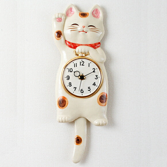 Japanese Ceramic Maneki Neko Pendulum Wall Clock Analog Cat Design