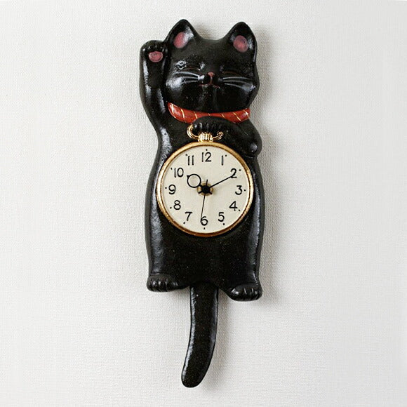 Japanese Ceramic Lucky Cat Pendulum Wall Clock Black Cat Design Pre order