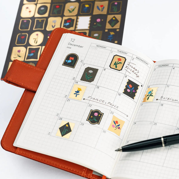 Yoshie Watanabe Petit Bloom Gold Foil Stickers – 49-Piece Floral Decorative Sticker Set for Hobonichi Techo
