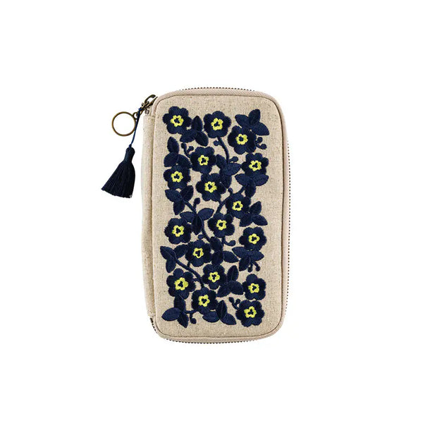 Hobonichi Techo 2026 Small Drawer Pouch Floral Embroidery Linen Organizer Case Navy Yellow