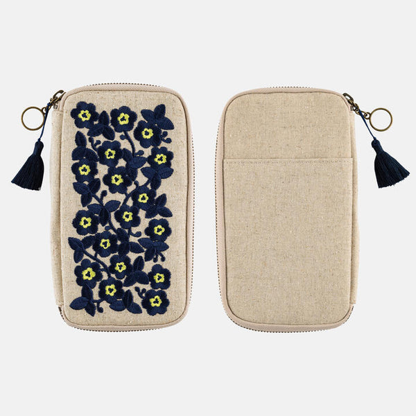 Hobonichi Techo 2026 Small Drawer Pouch Floral Embroidery Linen Organizer Case Navy Yellow