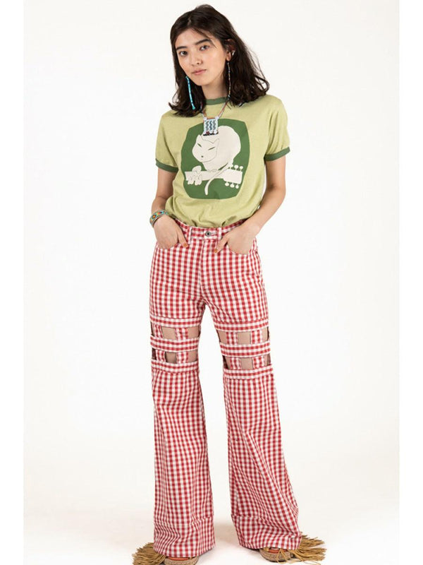 Kapital Canvas Gingham Check 5P Wind Pen Flare Pants women K2204LP076