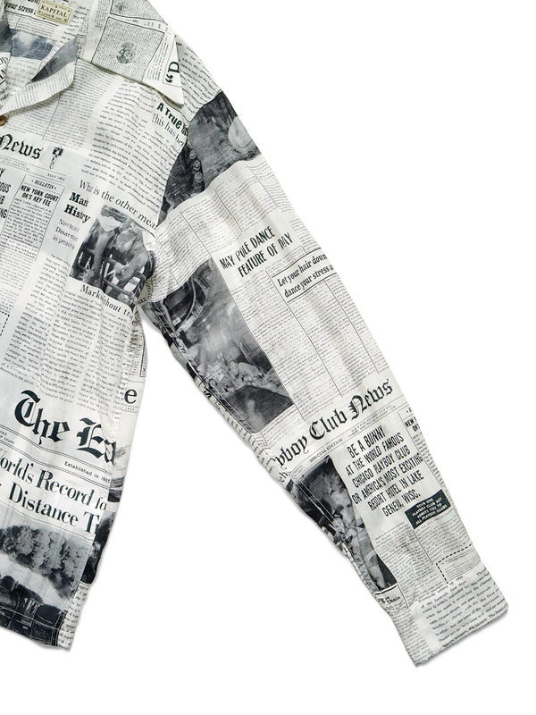 Kapital Silk Rayon Gypsy News News Paper Pattern Rangle Collar Open Collar Shirt Long Sleeve