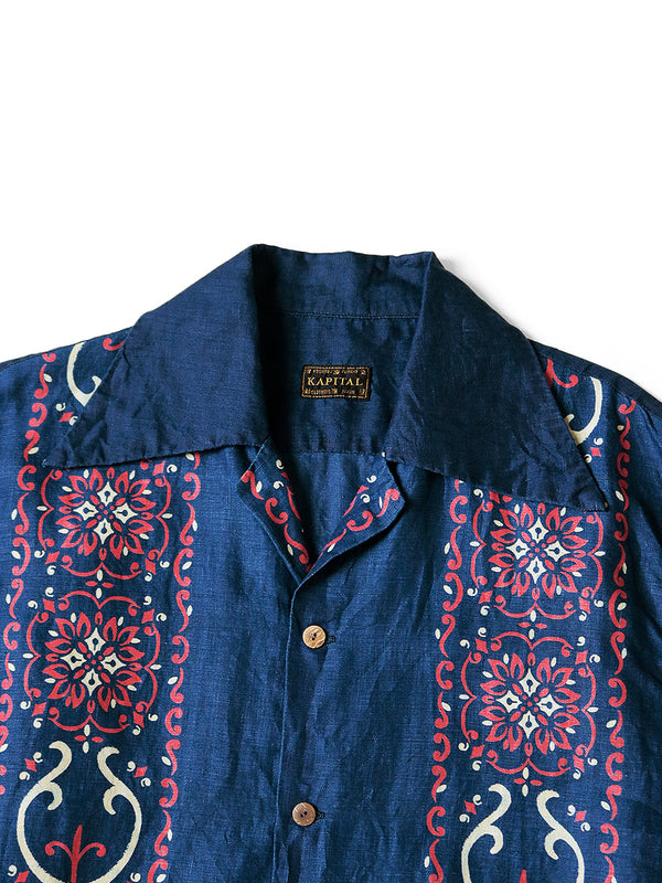 Kapital French cross linen habananaja pattern langur collar cuban shirt (short sleeve)